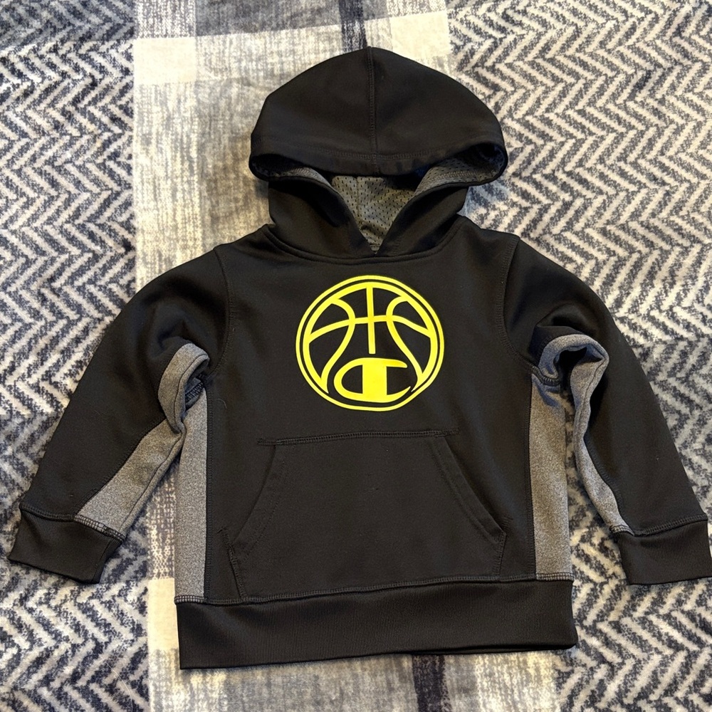 🐢Champion Kids Black Hoodie with Neon Yellow Logo